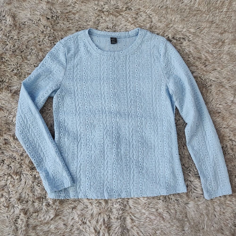 Shein Crew Neck Long Sleeve Textured‎ Eyelet Tee Baby Blue Women's Size Medium